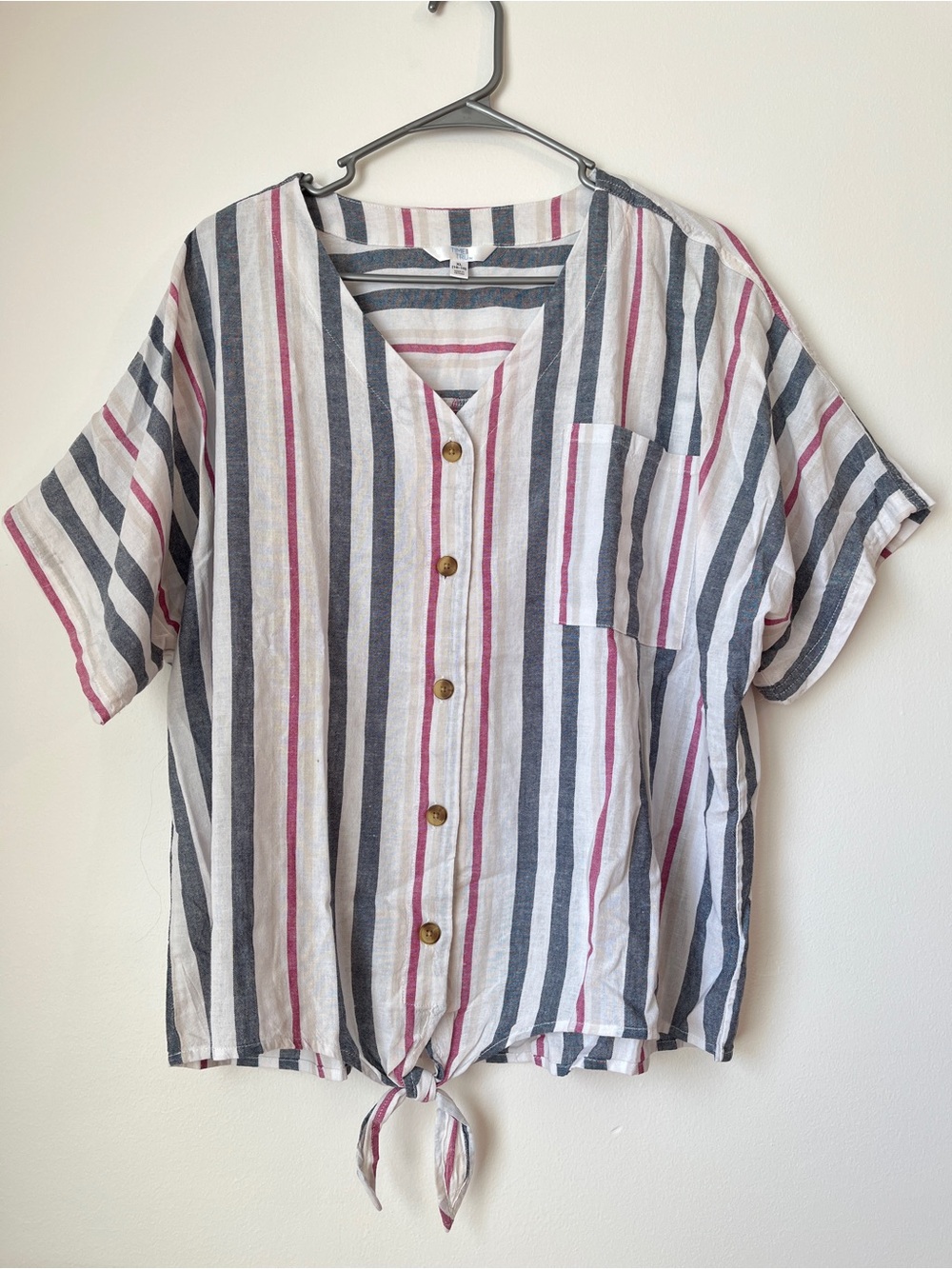 Time and Tru White,Gray Pink Striped Tie-Hem Blouse XL (16-18)Cotton Blend